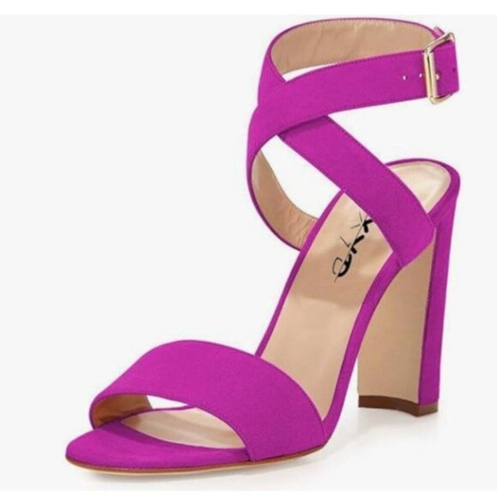 XYD Purple Prom Suede Open Toe Cross Strap Slingback Chunky Heels Sandals